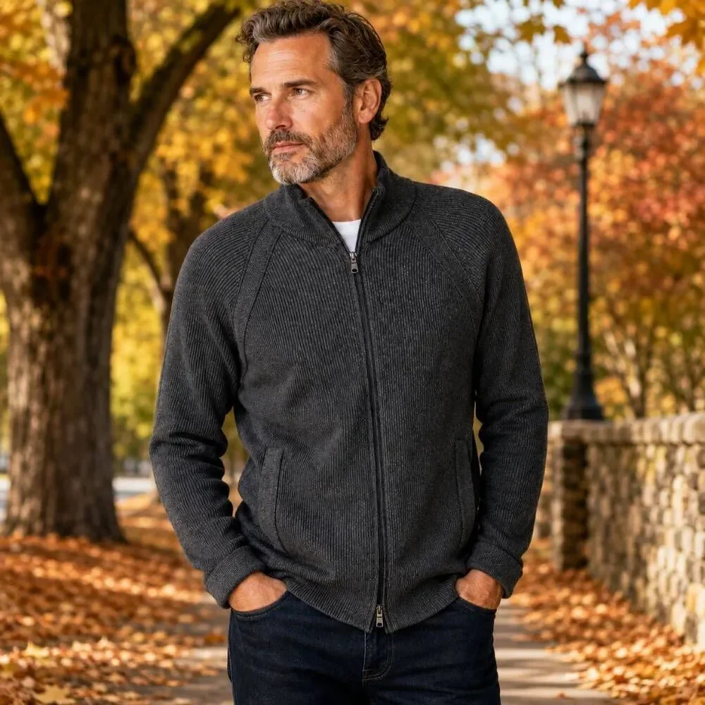 Banana Republic Mens Gray Supima Cotton Ribbed Full Zip Cardigan Sweater Large